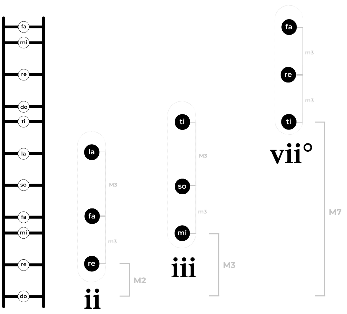 Major scale chords with Roman numerals: ii, iii, and vii°